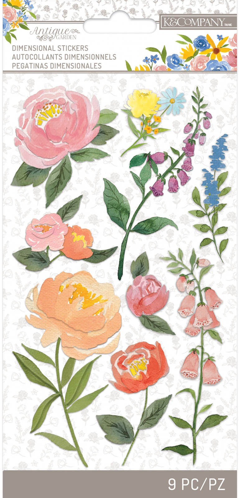 K&Company Antique Garden Vellum and Embossing Stickers 9/Pkg Floral Blooms